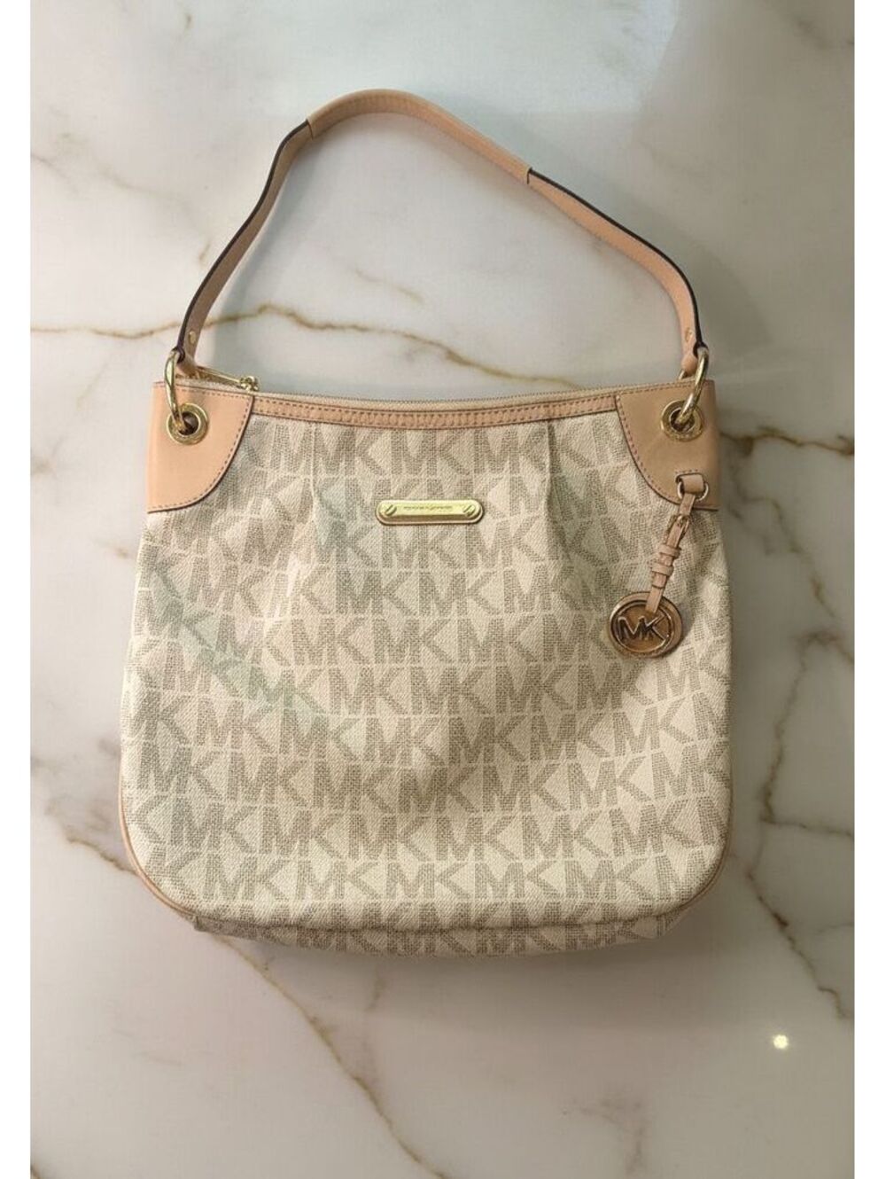 Michael Kors Beige Logo Monogram Canvas Shoulder Bag